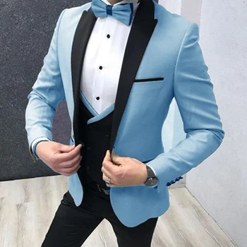 Новые популярные мужские светло-голубые костюмы из 3 предметов 2023 Slim Fit One Button Индивидуальные официальные смокинги для выпускного вечера (куртка + жилет + брюки)