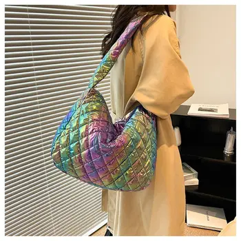 Женская сумка через плечо с хлопковой подкладкой большой емкости, женские сумки, сумки-мессенджеры с лазерным многоцветным рисунком в виде ромба для повседневной жизни