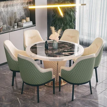 Современный светлый роскошный мраморный круглый обеденный стол в скандинавском стиле с поворотным столиком Простая комбинация круглого стола и стула
