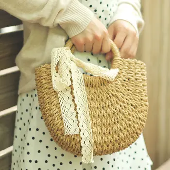 Соломенная сумка Женская сумочка ручной работы в форме Луны с кружевным бантом из ротанга на шнурке большой емкости Повседневная пляжная сумка через плечо Q237