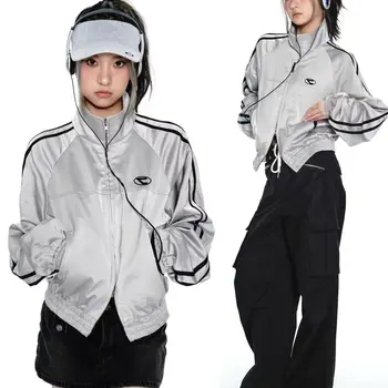 Куртка в стиле пэчворк в стиле ретро, новая уличная одежда Y2K, модный топ, сексуальная куртка для девочек, эстетичное универсальное пальто, двойная молния, серебристая одежда