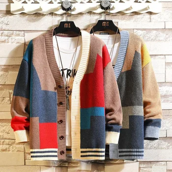 Новый мужской цветной свитер из трикотажа cardian с V-образным вырезом, жакет большого размера