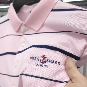 Высококачественная брендовая мужская рубашка поло, Лето 2023, Новая Мужская футболка в полоску с вышитыми буквами на лацкане, Корейская повседневная универсальная одежда для гольфа