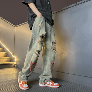 Модные Мужские Рваные джинсы Со Свободными Дырками в Корейском стиле, Классические Нейтральные Универсальные Однотонные Прямые Джинсовые Широкие брюки Z42