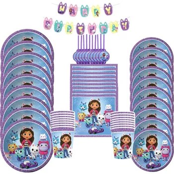 Мультяшный кукольный домик Габби Украшение для детского душа Принадлежности для вечеринки по случаю Дня рождения Девочки Топперы для тортов Фиолетовые Чашки Тарелки Скатерть Воздушные шары