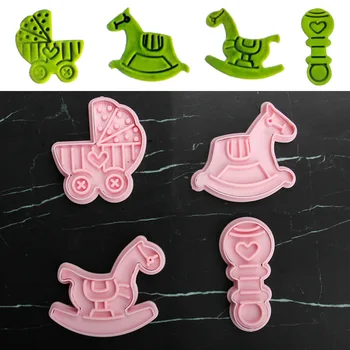 Набор формочек для печенья для душа ребенка, 4 шт, детская коляска, лошадка-качалка, колокольчик, милые штампы для печенья для выпечки