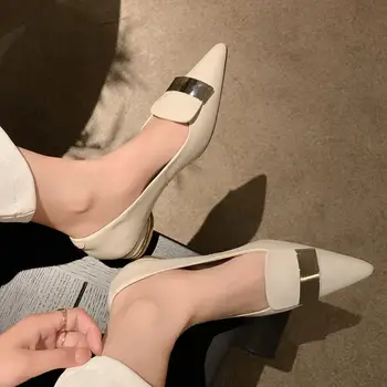 2023 Новое поступление, Женская обувь на каблуках из натуральной кожи с острым носком, Женская Удобная Модная Однотонная обувь на низком каблуке