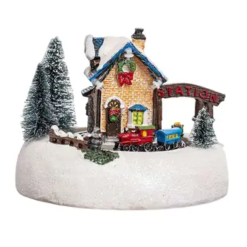 Праздничный снежный деревенский дом с разноцветным светом Коллекционная вращающаяся миниатюра для украшения праздничной столешницы