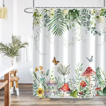 Занавески для душа с красными грибами, зелеными тропическими растениями, яркими бабочками, цветочная эстетическая полиэфирная ткань, декор ванной комнаты с крючками
