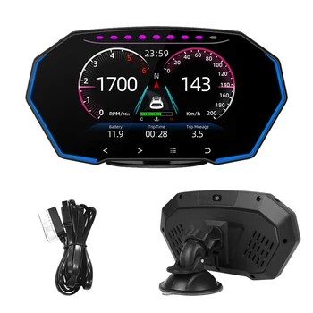 Автомобильный головной дисплей HUD 7 цветов Охранная сигнализация Спидометр Диагностический 4 дюймовый Температура воды Масла F11 OBD2 Двойная система GPS