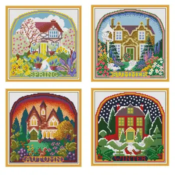 Four Seasons Cottage 5D DIY Алмазные картины, набор для вышивки крестом, Ручная алмазная живопись с инструментами, художественные украшения для дома