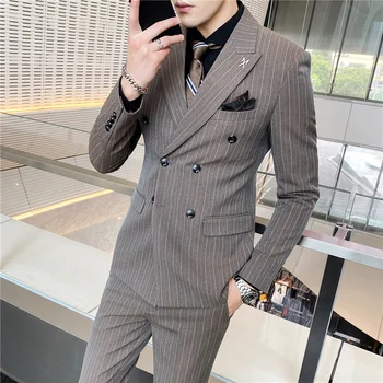 2023 Новый мужской костюм (костюм + жилет + брюки) модный тренд, красивый высококачественный костюм в темную полоску на одной пуговице, костюм-тройка в подарок