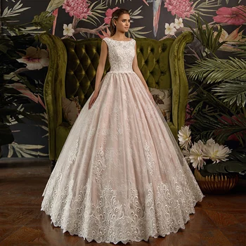 Принцесса аппликация кружева свадебное платье без поезд халат де Mariée зубчатый шеи этаж длина линии невесты Платья