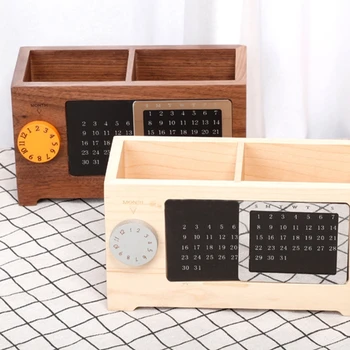 Вечный Календарь из массива дерева, Креативный Держатель для ручек, Коробка для хранения домашних канцелярских принадлежностей, Органайзер для макияжа