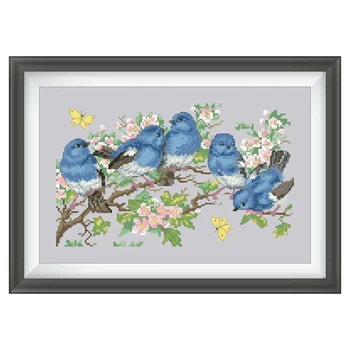 Набор для вышивания крестиком Five blue birds цветочный дизайн хлопчатобумажная шелковая нить 18 карат 14 карат 11 карат серебряная вышивка на холсте DIY рукоделие