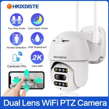 Двухобъективная WiFi PTZ IP-Камера с 10-Кратным Зумом 4MP Автоматическое Отслеживание Беспроводного Видеонаблюдения Наружного Ночного Видения CCTV P2P Carecam Pro