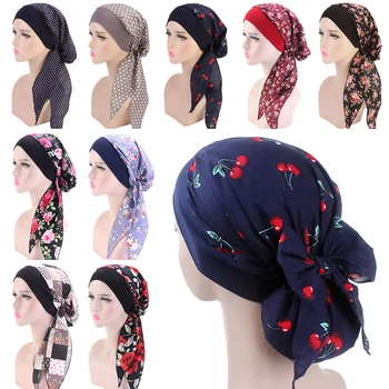 Женский эластичный мусульманский тюрбан с принтом, хиджаб, головной платок от рака, шляпа от выпадения волос, предварительно завязанный головной убор, бандана