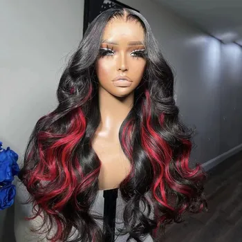 Черный длинноволновый парик AIMEYA с красными бликами, синтетический парик на кружеве спереди для женщин, повседневный парик для косплея, термостойкие волосы