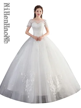 2023 Роскошное кружевное бальное платье с V-образным вырезом, свадебные платья с коротким рукавом и аппликацией принцессы, свадебные платья