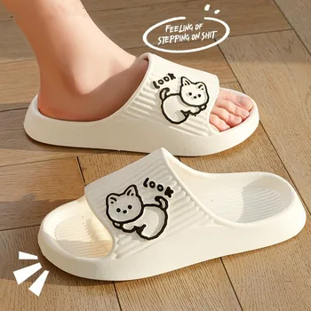 Женские тапочки для ванной на толстой платформе, нескользящие домашние вьетнамки с рисунком кота 2023, Летние пляжные сандалии, женские горки, домашняя обувь