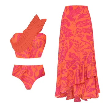 Женские купальники, квадратный плиссированный полосатый купальник-бикини с оранжевым фоном и принтом в виде красных листьев в паре с юбкой