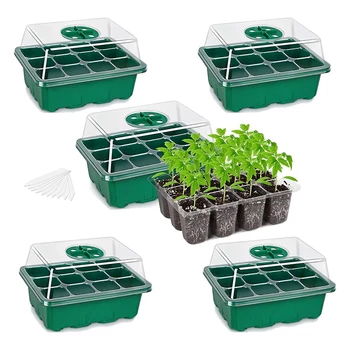 Наборы для рассады из 5 шт, набор для рассады растений с куполами для увлажнения и основанием (12 ячеек на лоток), зеленый