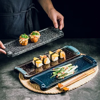 Высококачественная прямоугольная тарелка для суши в японском стиле, ресторанная плоская тарелка, высококачественная посуда с голубой глазурью, керамическая тарелка