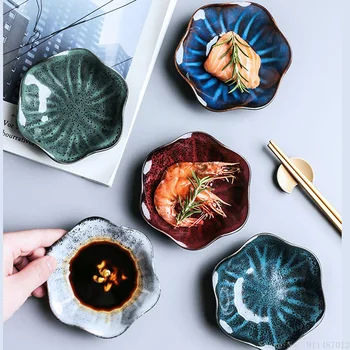 Обжиговая глазурь Японское домашнее креативное блюдо для приправ керамическая нерегулярная ресторанная тарелка для макания соуса с приправой из листьев лотоса маленькое блюдо