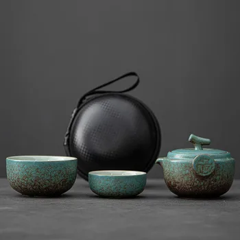 Керамический дорожный чайный набор Gongfu - великолепный китайский чайник с 2 чайными чашками, переносной чехол для переноски Со скидкой по всему миру