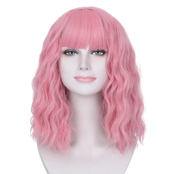 Missuhair Короткий розовый парик с челкой для женщин, Волнистый локон, розовый парик-боб, цветной костюмный парик длиной до плеч