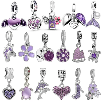 2 шт./лот, фиолетовые хрустальные бусины-шармы, подвеска в форме сердца, брендовые браслеты 