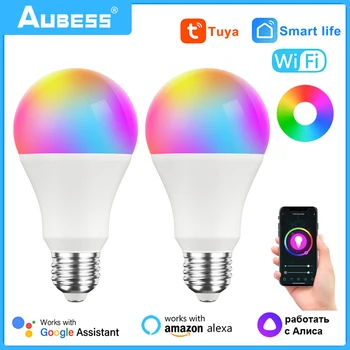 Aubess Tuya WiFi E27 B22 Умная Лампа с регулируемой яркостью RGBCW 100-240 В светодиодный Светильник Smart Life App Control Поддержка Alexa Google Home Alice