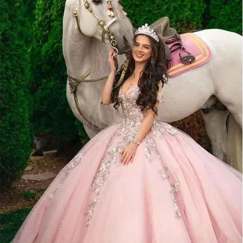 Розовое праздничное платье принцессы 15 лет, пышное платье с цветочной аппликацией, бальное платье для девочек, сладкие 16 выпускных платьев