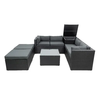Уличная мебель из ротанга для патио из 6 предметов, диван для беседы с ящиком для хранения, съемными подушками и столиком из закаленного стекла