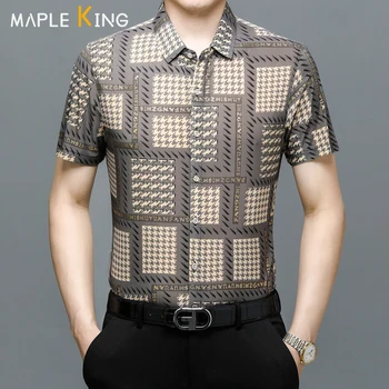 Летние рубашки для мужчин, роскошная одежда, клетчатый бронзовый принт с коротким рукавом, Деловая Корейская модная мужская рубашка Camisa Hombre
