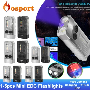 Мини-фонарики EDC Брелок-фонарик USB Type-C Зарядка с двумя светодиодными лампами 1000ЛМ Мощный фонарик с магнитным зуммером Красная лампа