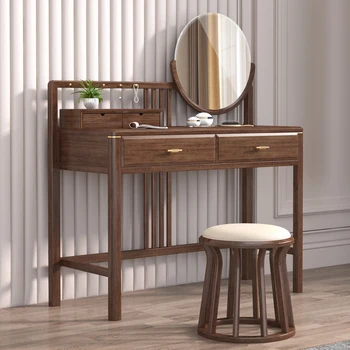 Туалетный столик из массива орехового дерева, встроенный шкаф для хранения в современной минималистичной спальне с зеркалом