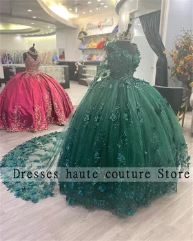 Изумрудно-зеленые кружевные аппликации, пышные платья, бальное платье 2023, расшитое бисером, 3D Цветы, Сладкие 16 платьев для вечеринки по случаю Дня рождения