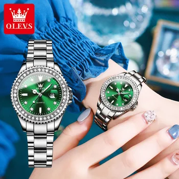Оригинальные кварцевые женские часы OLEVS, роскошные бриллианты, стальная полоса, Кожаный ремешок, светящиеся водонепроницаемые мужские кварцевые часы зеленого цвета для дайвинга.