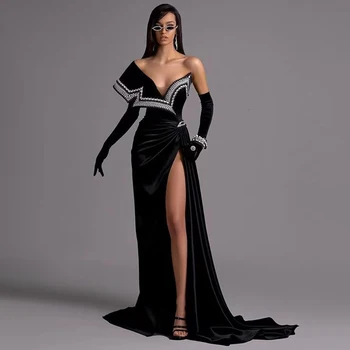 Классическое Черное платье для выпускного вечера с длинным рукавом на одно плечо 2023, расшитое бисером, сексуальные вечерние платья с высоким разрезом и V-образным вырезом, вечерние платья для банкетов