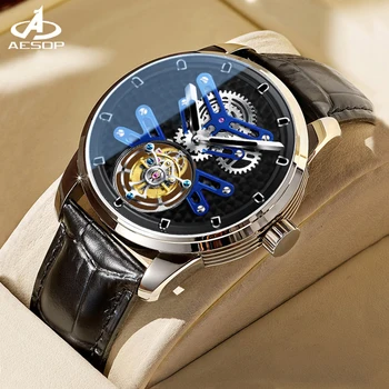 AESOP Люксовый бренд Tourbillon Механические спортивные часы для мужчин Винтажные полые дизайнерские водонепроницаемые военные наручные часы со скелетом