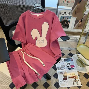 Комплект одежды для маленьких девочек 2023, летние детские топы с короткими рукавами и шорты с рисунком мультяшного кролика, костюм из 2 предметов, детская одежда для отдыха
