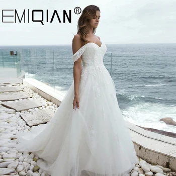 Кружевная аппликация Пляжное свадебное платье в стиле Бохо с вырезом лодочкой, съемное свадебное платье на шнуровке с открытой спиной