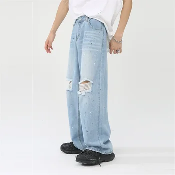 Бесплатная доставка 2022 Мужские Новые сезоны, прямые рваные джинсы со средней талией, забрызганные потертыми винтажными широкими повседневными брюками