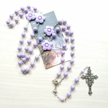 Святой Грааль Чаша Медаль Религиозный Католический Венок Фиолетовый Цветок Четки Цепочка Распятие Крест Четки Ожерелье Ювелирные Изделия Подарок