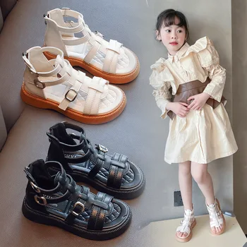 Римская обувь для мальчиков 2023, Летняя новинка, классический чистый черный, Универсальные повседневные детские Модные сандалии для девочек с открытым носком, дышащие на молнии сзади