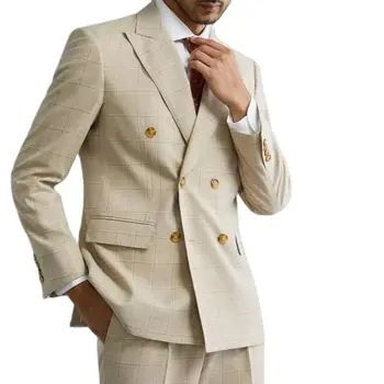 Новое поступление, двубортные Мужские костюмы из плотного льна цвета ретро Светло-хаки в клетку с остроконечными лацканами, Для деловых встреч, приталенная одежда, 2 предмета