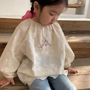 deer jonmi 2023 Весна, Корейский стиль, блузки с цветочной вышивкой для маленьких девочек, кружевные топы принцессы с пышными рукавами, Детские милые рубашки