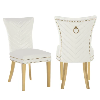 Обеденные стулья с золотыми ножками из 2 частей, отделанные бархатной тканью бежевого цвета