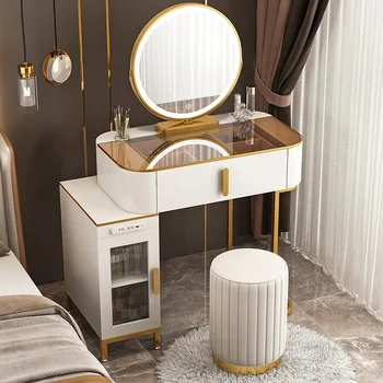 Легкий Роскошный стеклянный туалетный столик, Новый черно-бело-серый с зеркалом, столик для макияжа, шкаф для хранения, Встроенная мебель для спальни